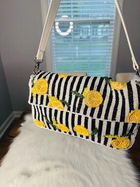 T.J.Maxx Black & White Striped Beaded Shoulder Bag with Yellow Lemon Appliqués
